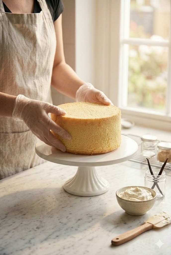 Xiang Qi placing a chiffon cake on a stand